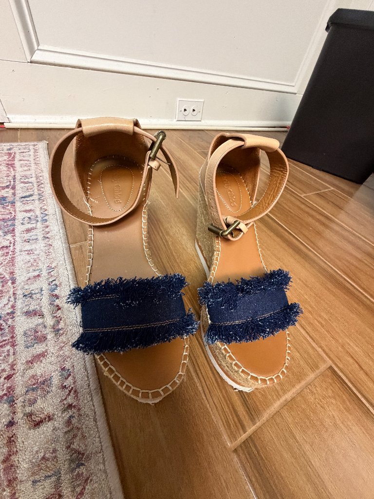 See By Chloe Glyn Denim Espadrille Women's Ankle Strap Wedge Sandals Size 8.5!